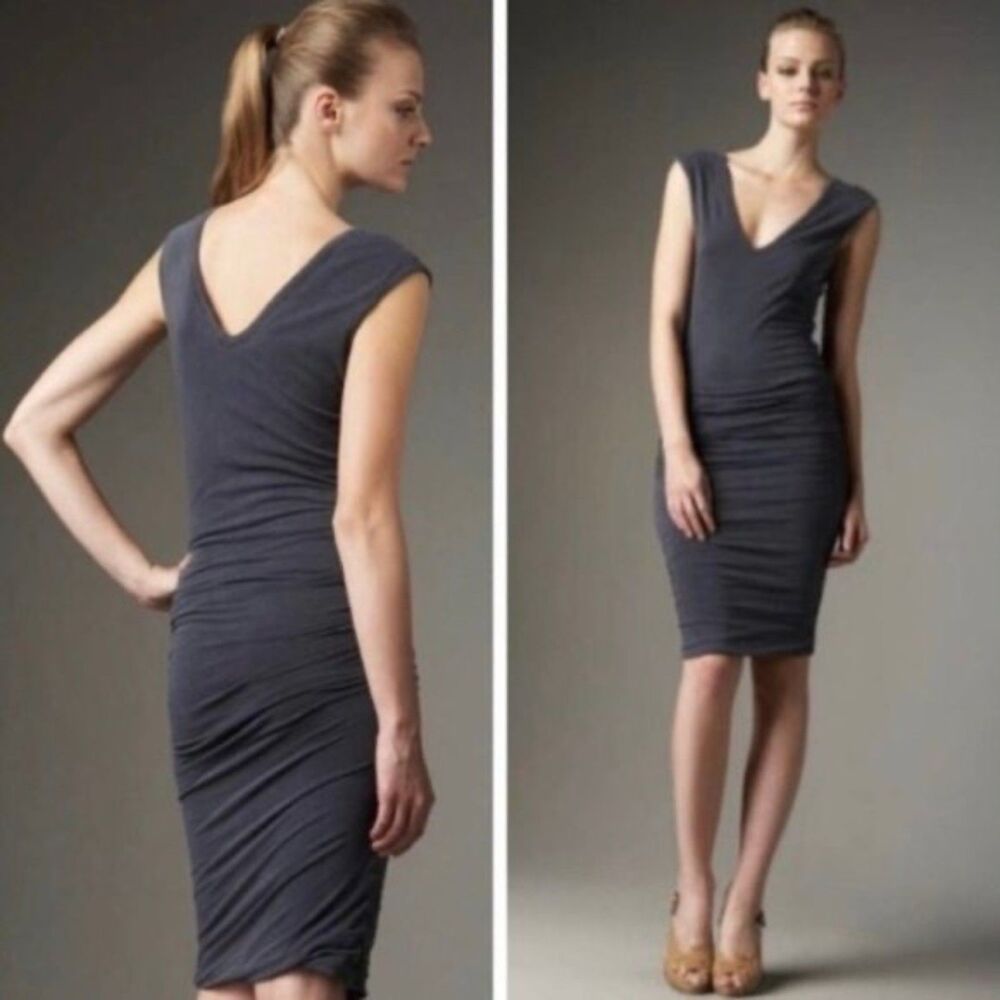 James Perse Ruched Bodycon Dress Double V-Neck Slate Grey Cotton Jersey Size 1